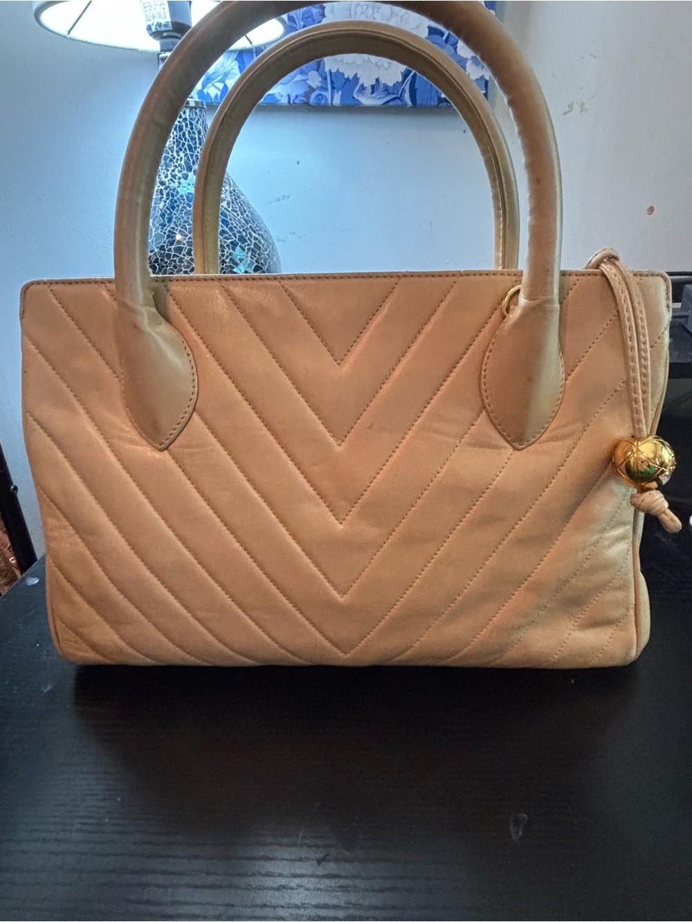 Authentic Rare Vintage Chanel Chevron Top Handle Bag - 24K Gold CC Charm Bag